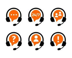 Customers support online service icons set. Call center symbols with headphones isolated on white background. Client communication technology concept vector