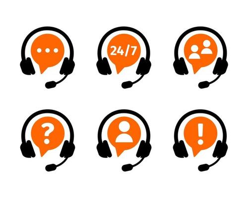 Customers support online service icons set. Call center symbols with headphones isolated on white background. Client communication technology concept