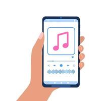 Hand holding smartphone with audio player interface on screen. Playlist mobile app. Listening podcast, music or online radio concept vector