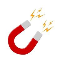 Red horseshoe magnet with lightning flash isolated on white background. Symbol of magnetic power, attraction, influence vector