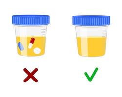 Urinalysis, urine samples with and without drugs. Doping control in sport, post accident drug testing concept