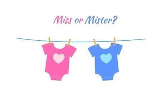 Baby pink and blue bodysuits with heart symbols hanging on the rope. Gender reveal party invitation card or banner. Boy or girl concept vector