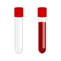 Glass test tube empty and full with blood sample isolated on white background. Blood medical analysis vector