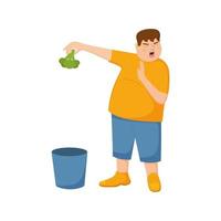 Young fat man refuse eating broccoli and throws it in trash can. Guy with refusing gesture, facial expression of disgust. Picky food eater. Unhealthy lifestyle concept vector