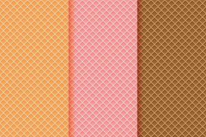 Ice cream waffle cone textures set. Seamless patterns with different wafer backgrounds, vanilla, strawberry, chocolate vector