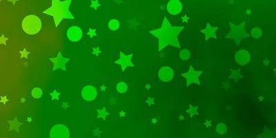 Telón de fondo de vector verde claro con círculos, estrellas.