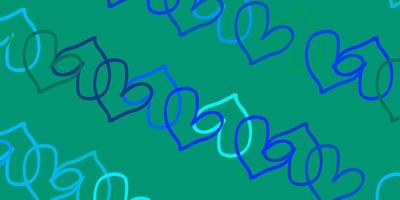 plantilla de vector azul claro, verde con corazones de doodle.