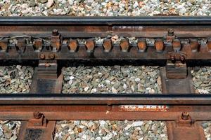 Close-up of a railroad track with a rack. photo