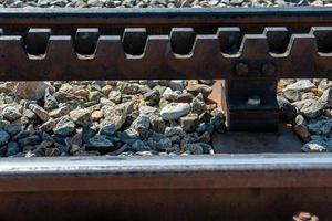 Close-up of a railroad track with a rack. photo