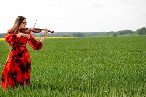 Young woman in red dress playing violin in green meadow - image photo