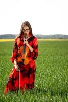 Young woman in red dress with violin in green meadow - image photo