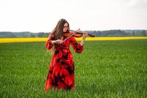 Young woman in red dress playing violin in green meadow - image