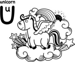 Hand drawn.Alphabet Letter U-unicorn illustration, vector