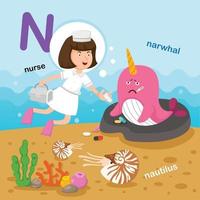 Ilustración aislada alfabeto letra n-narval, nautilus, nurse.vector vector