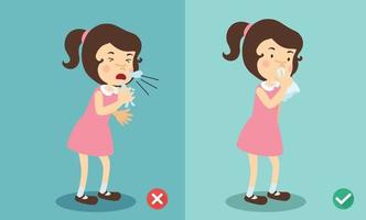 Girl right and wrong sneezing in hand and handkerchief,illustration.vector vector