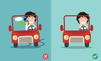 no enviar mensajes de texto, no hablar, formas correctas e incorrectas de conducir para evitar accidentes automovilísticos.Ilustración vectorial vector