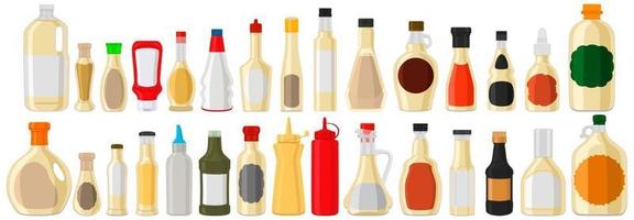 Illustration on theme big kit varied glass bottles filled liquid sauce tartar vector