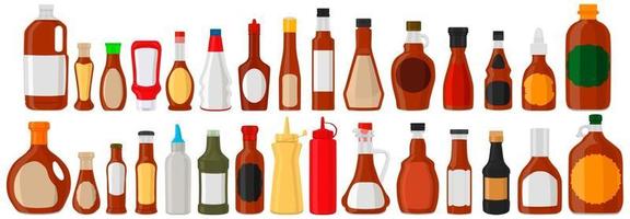 ilustración en el kit temático botellas de vidrio variadas llenas de salsa líquida de jarabe de arce vector
