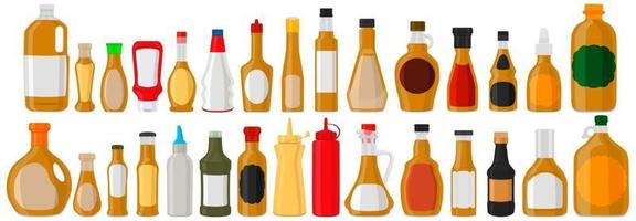 Ilustración sobre el tema kit grande botellas de vidrio variadas llenas de salsa espesa mostaza vector