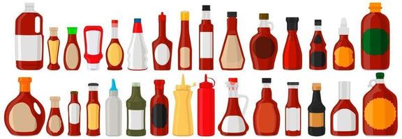 ilustración sobre el tema kit grande botellas de vidrio variadas llenas de salsa líquida pescado vector