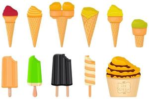 big kit ice cream popsicle different types in cone waffle cup vector