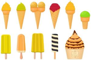 gran kit de paletas de helado de diferentes tipos en taza de gofres de cono vector