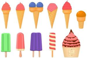 big kit ice cream popsicle different types in cone waffle cup vector