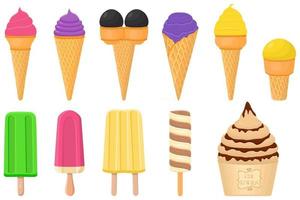 big kit ice cream popsicle different types in cone waffle cup vector