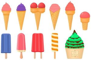 big kit ice cream popsicle different types in cone waffle cup vector