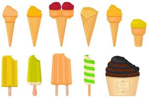 gran kit de paletas de helado de diferentes tipos en taza de gofres de cono vector