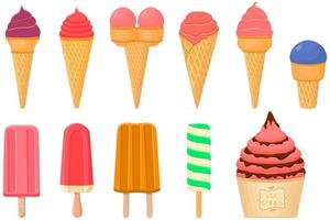 big kit ice cream popsicle different types in cone waffle cup vector