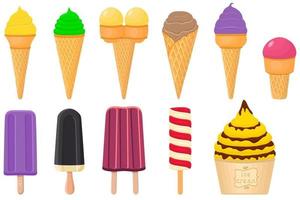 big kit ice cream popsicle different types in cone waffle cup vector