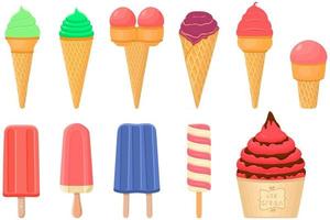 big kit ice cream popsicle different types in cone waffle cup vector