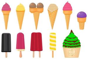 big kit ice cream popsicle different types in cone waffle cup vector