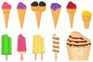 big kit ice cream popsicle different types in cone waffle cup vector