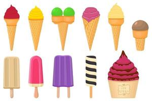 big kit ice cream popsicle different types in cone waffle cup vector