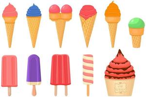 gran kit de paletas de helado de diferentes tipos en taza de gofres de cono vector