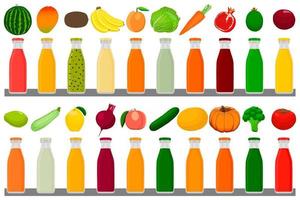 glass bottles with caps filled liquid multicolored fruit juice vector