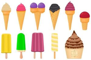 big kit ice cream popsicle different types in cone waffle cup vector