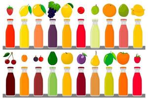 big kit glass bottles with caps filled liquid multicolored fruit juice vector