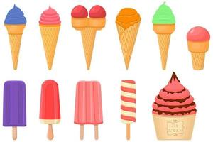 big kit ice cream popsicle different types in cone waffle cup vector