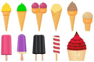 big kit ice cream popsicle different types in cone waffle cup vector