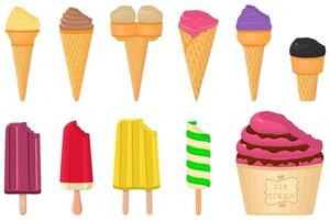 big kit ice cream popsicle different types in cone waffle cup vector