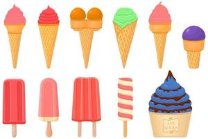 gran kit de paletas de helado de diferentes tipos en taza de gofres de cono vector