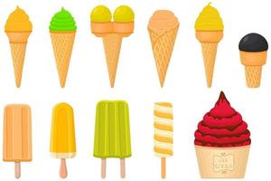 big kit ice cream popsicle different types in cone waffle cup vector