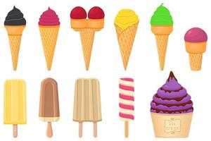 big kit ice cream popsicle different types in cone waffle cup vector