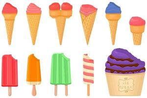 big kit ice cream popsicle different types in cone waffle cup vector