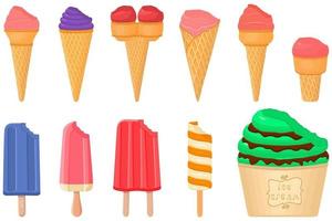 big kit ice cream popsicle different types in cone waffle cup vector