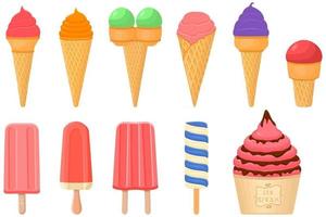 big kit ice cream popsicle different types in cone waffle cup vector