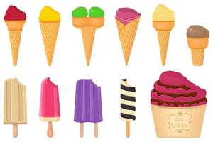 big kit ice cream popsicle different types in cone waffle cup vector